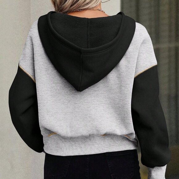 Multicolor Casual Women's Color Block Hooded Sweatshirt - Picture 2 of 6